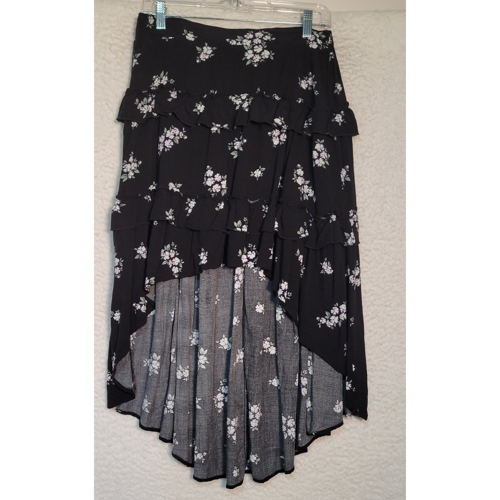 Celebrity Pink High Low Skirt Size M Front Mini, Back Maxi Floral Black 1614